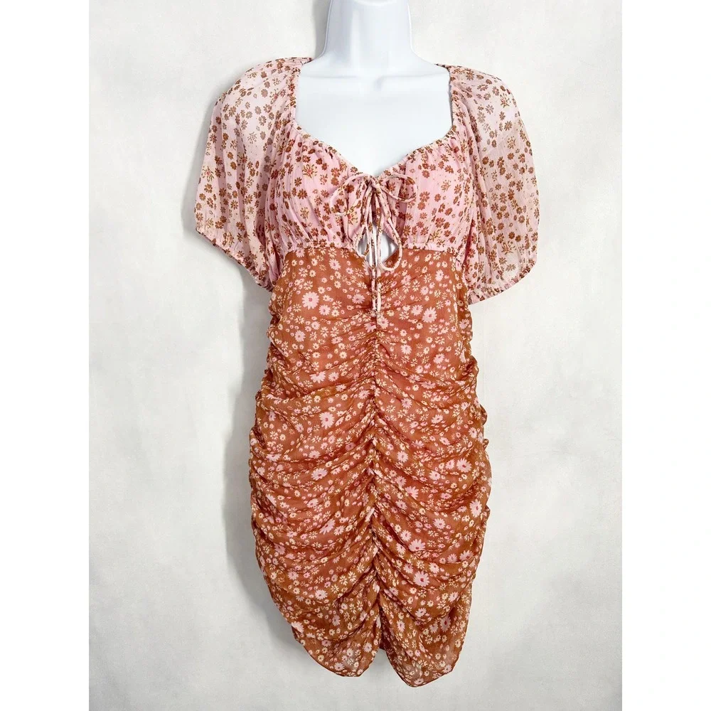 Free‎ People Tessa Floral Ruched Mini Cutout Dress Pink Rust Orange Size Small